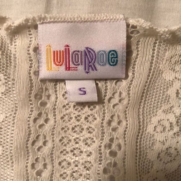 LuLaRoe S Monroe Ivory Lace Short Sleeve Open Waterfall Black Tassel Cardigan - Picture 11 of 12